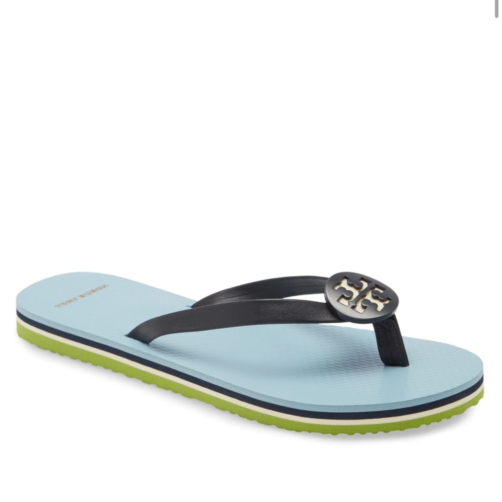 New Tory Burch Logo Minnie Flip Flops Sz 5 Nappa Leather Rubber Navy Dusty Blue